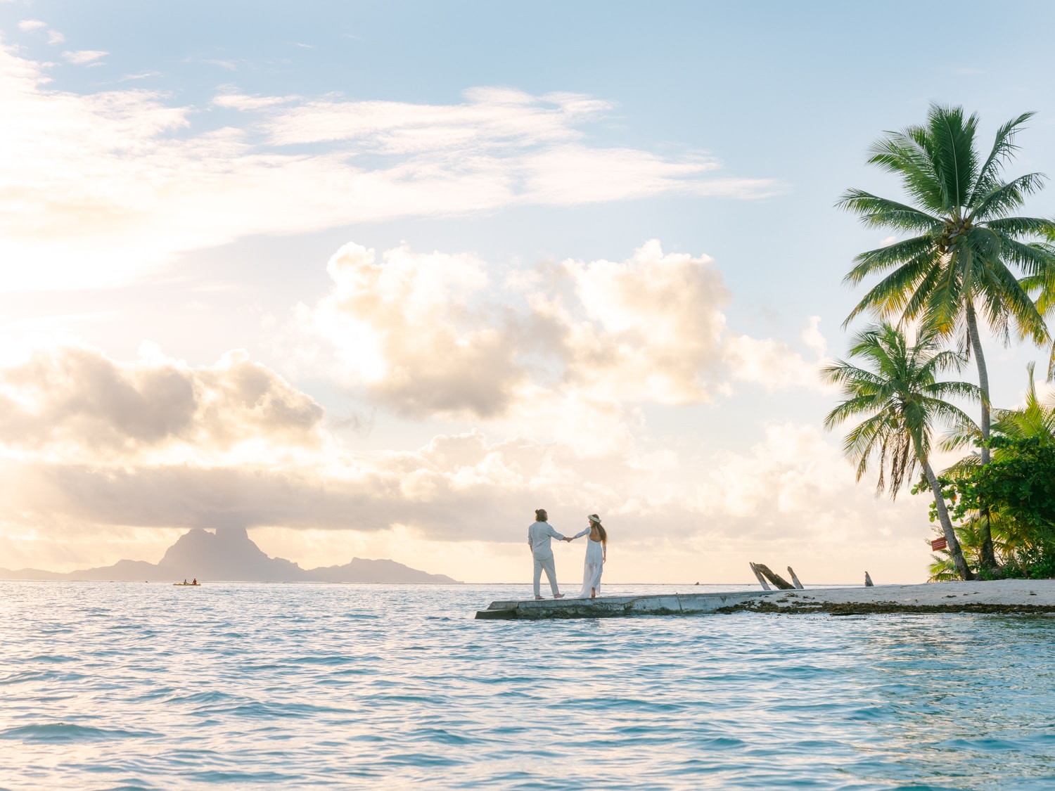 Landscape, sunset with the bride and the groom and the view, coconut and Bora Bora