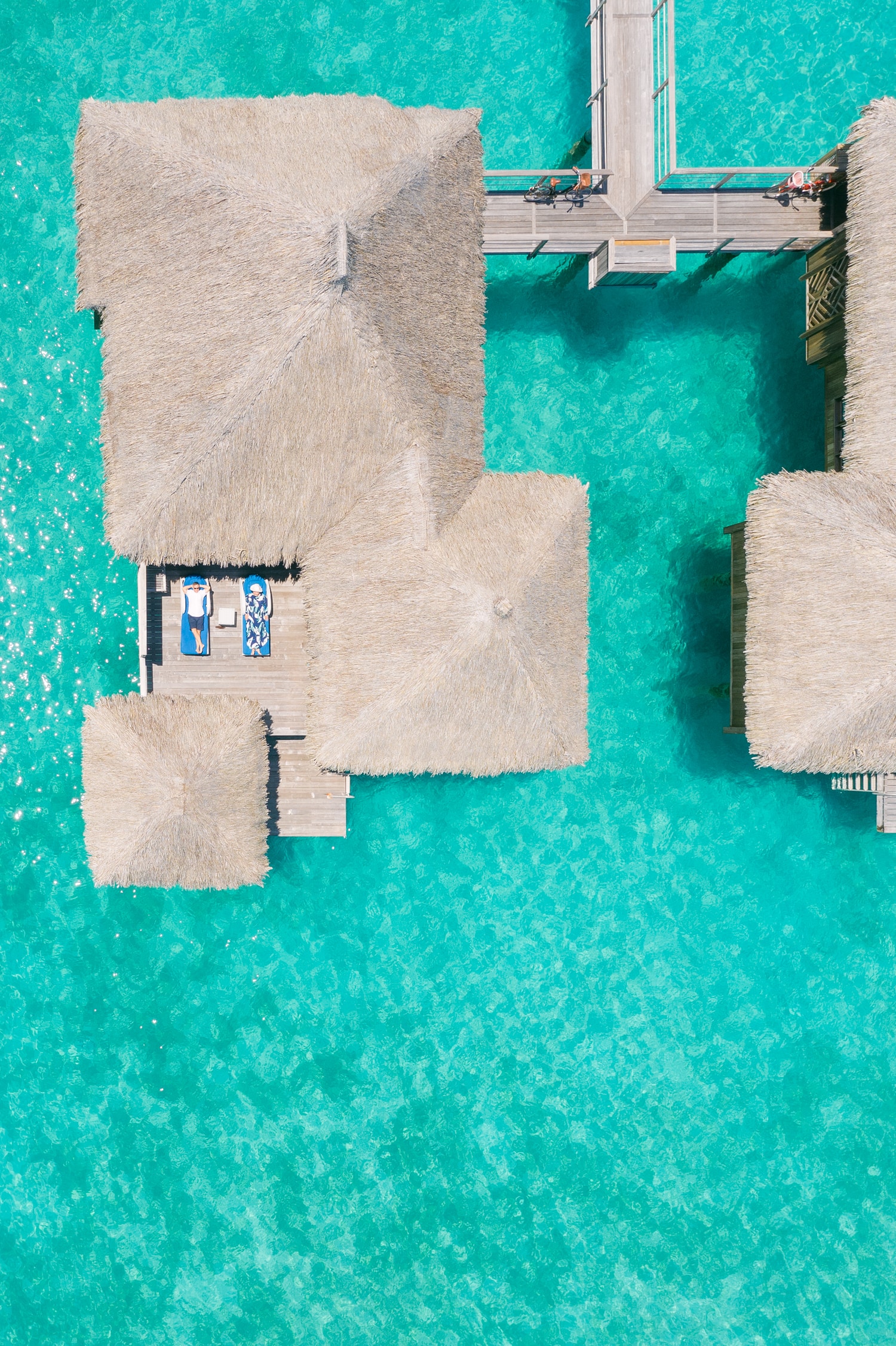 Flat view with the drone on the overwater bungalow at Bora Bora