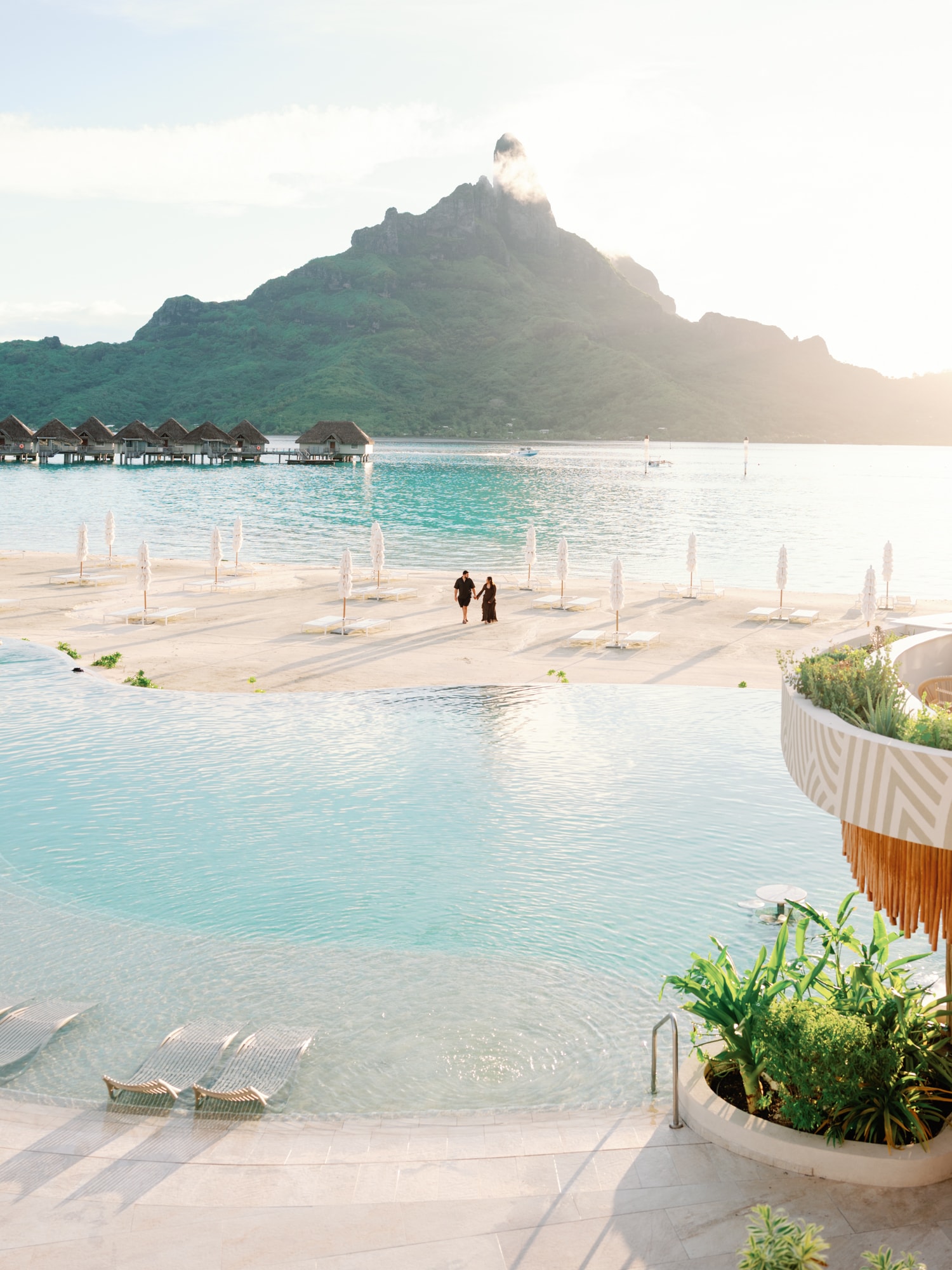 Drone view Bora Bora couple in the landscape of Bora Bora